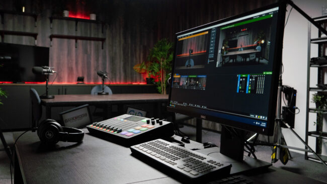 Podcasto filmavimo valdymo pultas ir monitorius